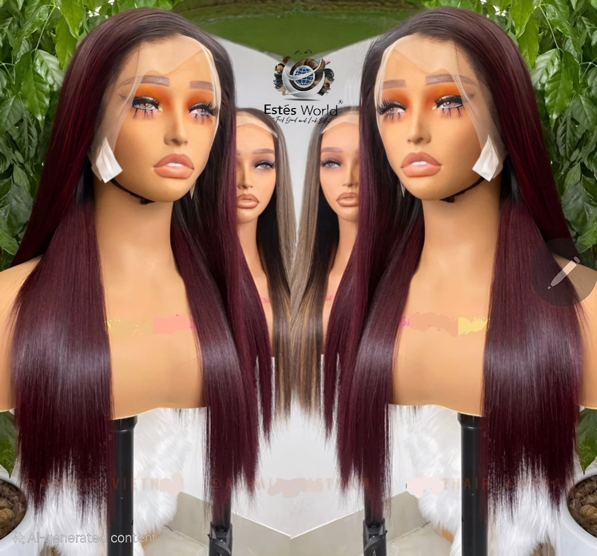 99J Burgundy Bone Straight Human Hair Wig, 250% Density Transparent Lace