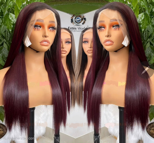 99J Burgundy Bone Straight Human Hair Wig, 250% Density Transparent Lace