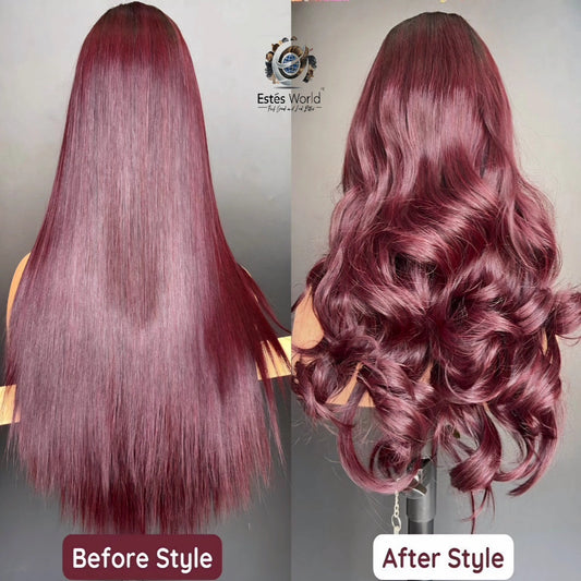 99J Burgundy Bone Straight Human Hair Wig, 250% Density Transparent Lace