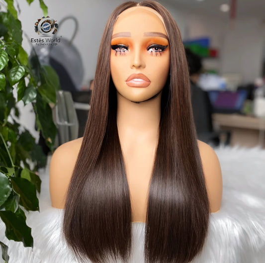 Chocolate Brown Bone Straight Human Hair Wigs, 5x5 Closure Wig 250% Density