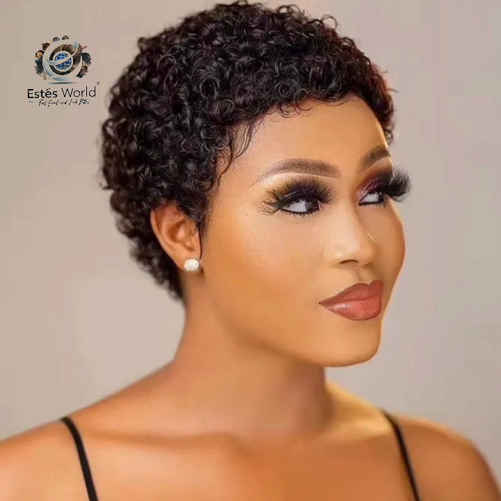 Curly Short Cut Human Hair Wig for Women Natural Black Color