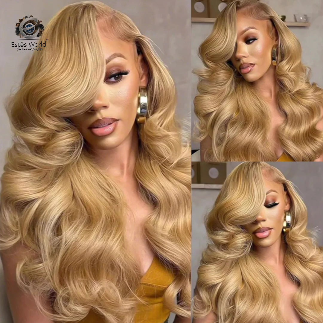 #27 Honey Blonde Vietnamese Human Hair Wigs Body Wave Double Drawn 250% Density Transparent Lace