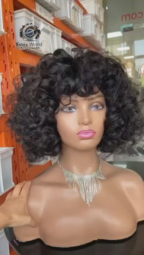 Glueless Bouncy Big Curly Human Hair Bob Wigs, with Bangs Short Rose Curly Brazilian Virgin Human Hair Wig. 12 Inches 280% Density